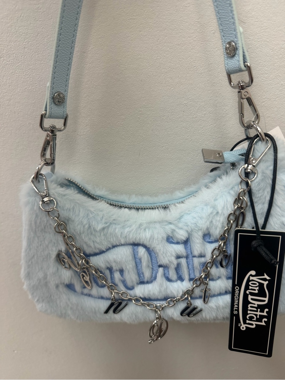 Von Dutch Light Blue Faux Fur Chain Trim Shoulder Bag
